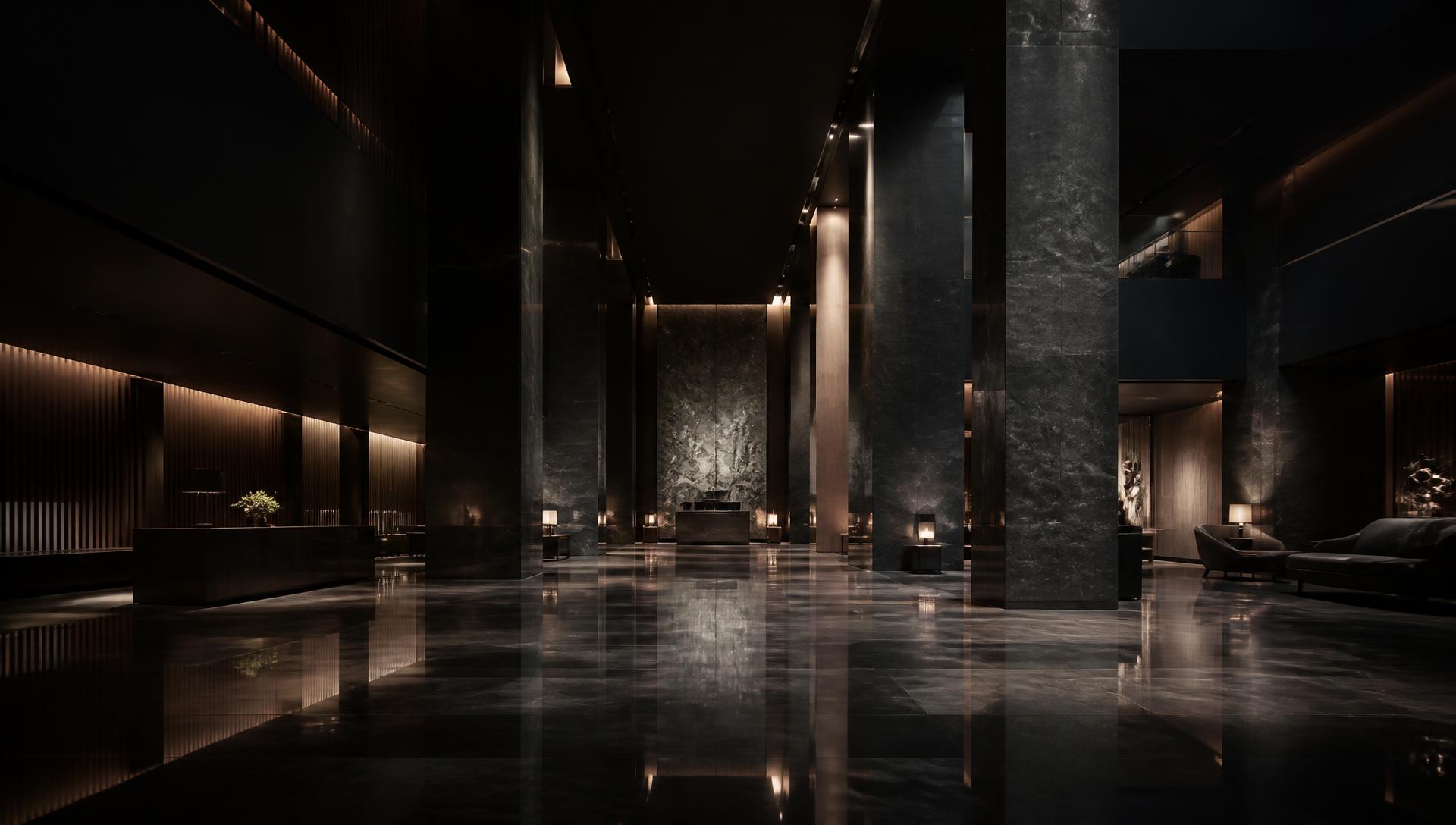 Dark hotel lobby with large-format porcelain floor