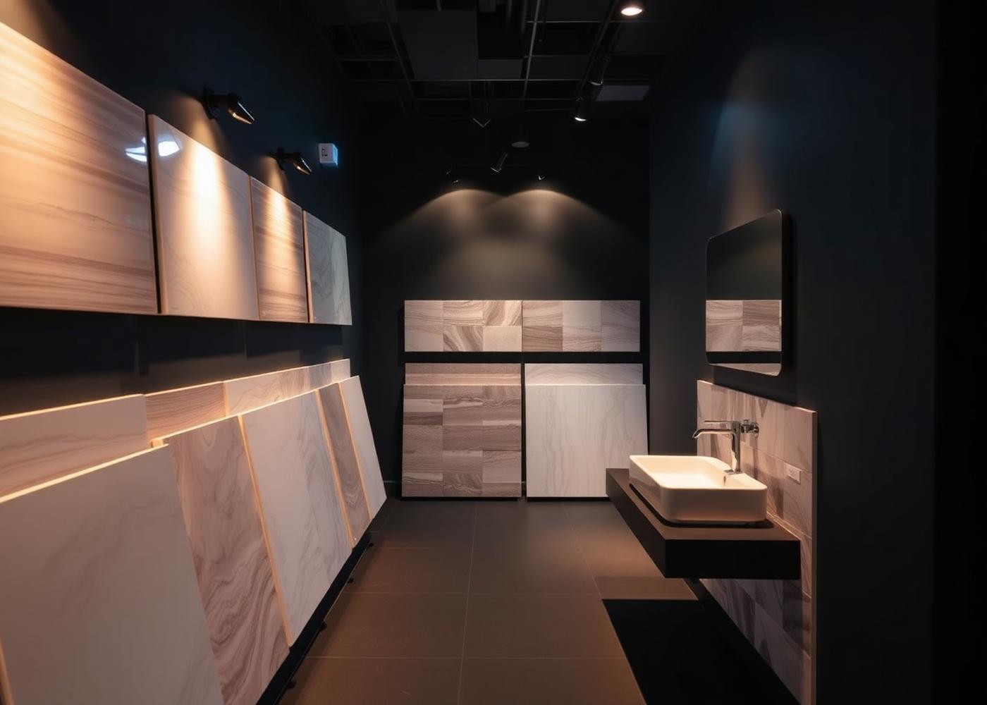 APEX retail showroom with spotlit tile and sanitary displays