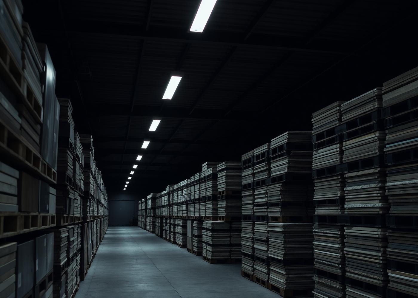 Warehouse aisle stacked with palletised ceramic tiles